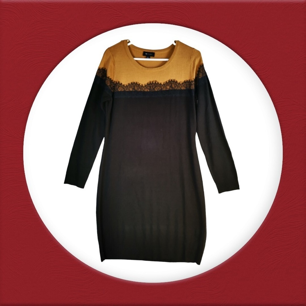 AB Studio tan and black lace long sleeve bodycon sweater dress size L